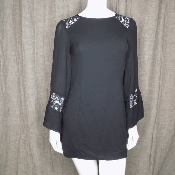 Express Bell Sleeve Tunic Mini Black Dress Size 0 Lace Details - Picture 1 of 12